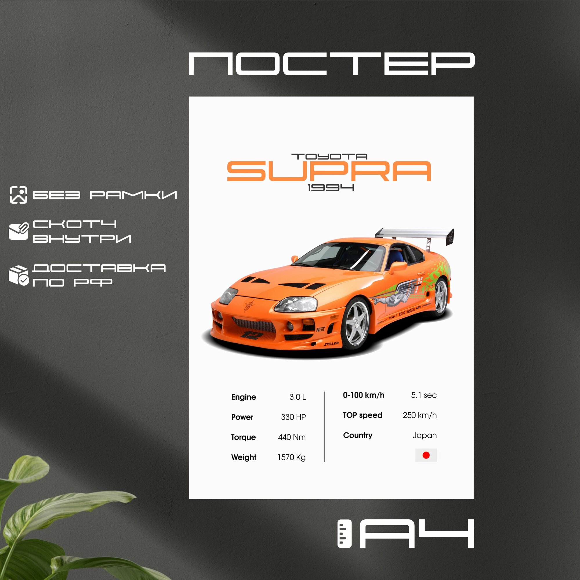 Постер "TOYOTA Supra" с характеристиками без рамки, формат А4