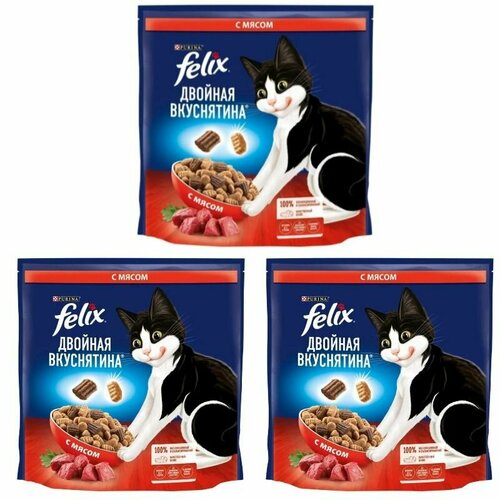 Felix Сухой корм для взрослых кошек, с мясом, Двойная вкуснятина, 1300 г, 3шт