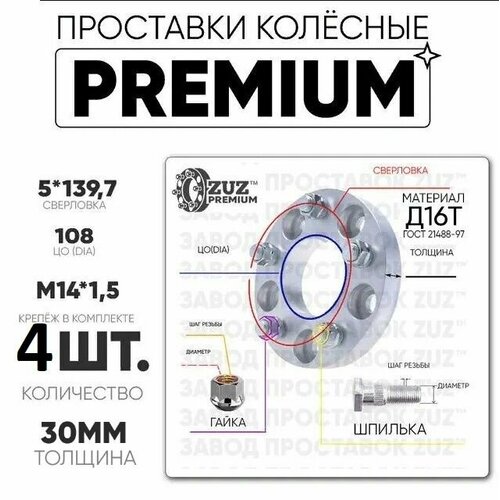 Проставки колёсные 4шт. 30мм 5*139,7 ЦО108 м14*1,5 гайка+шпилька 30мм без бортика премиум