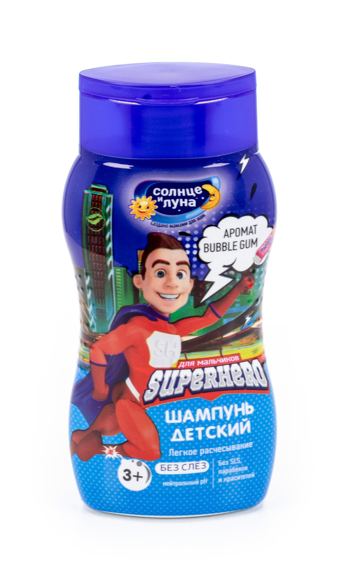 Солнце и Луна Superhero Детский шампунь без слез для мальчиков с ароматом жвачки 200мл / детское средство для волос