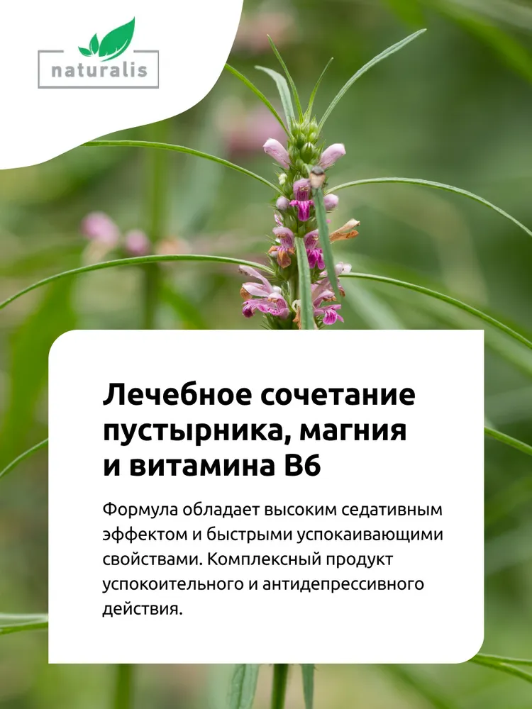 Бад Для Нервной Системы Натуралис - успокоительное для взрослых Магний B6, Пустырник Форте Комплекс витаминов для нервной системы, БАД от бессонницы, стресса, 40 таблеток Аптека асна