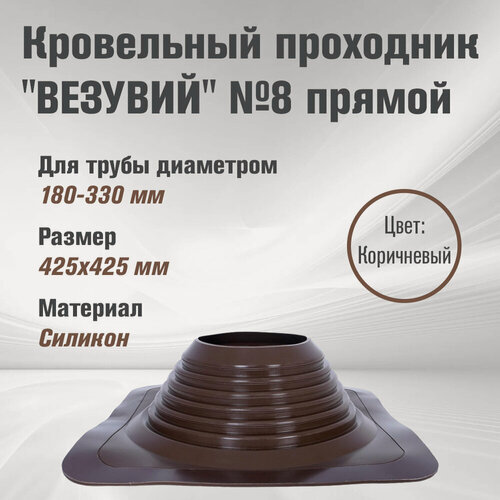 Изображение товара Кровельный проходник для дымохода "везувий" № 8 Коричневый (д.180-330мм, 425х425мм) прямой, силикон