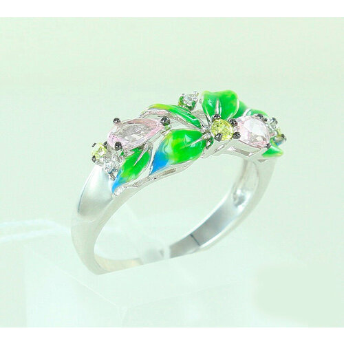 Кольцо, серебро, 925 проба, родирование, размер 16.5, зелeный кольцо из серебра с эмалью ювелирным кристаллом и фианитами яхонт ювелирный арт 144220