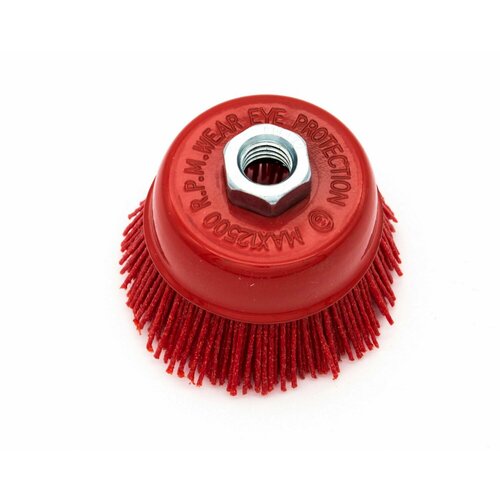Нейлоновая щетка чашечная Д75хM14 на УПМ УШМ (болгарка) для браширования, шлифовки стен из бревна, бруса, сруба, абразивный нейлон, ворс полимер-абразив P80