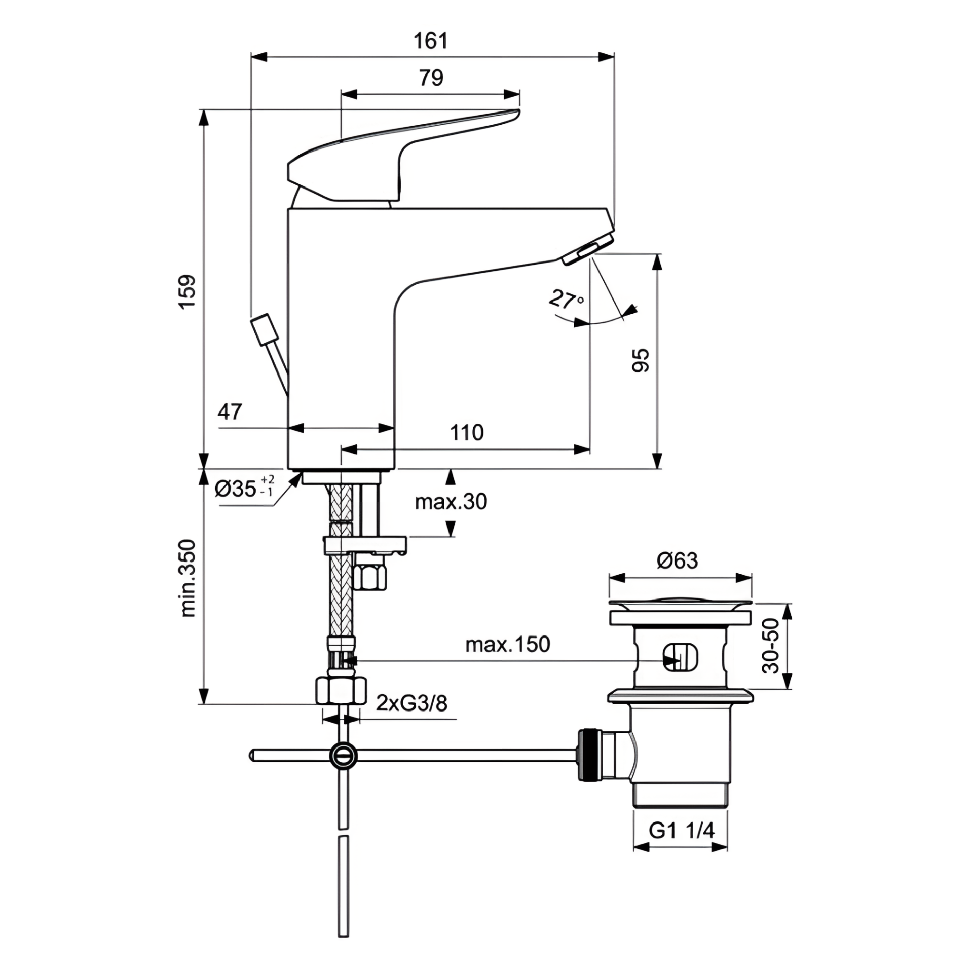 Ceraflex B1712AA Смеситель для раковины (3/8", однозахватный, с д/к, картридж) Ideal Standard - фото №10