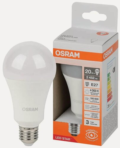 Изображение товара 1шт/уп. Лампа LED Груша 20Вт 170-250В E27 2452Лм 4000К Угол 180 град. d 65mm h 132mm Свет Дневной белый Osram, уп. 1шт