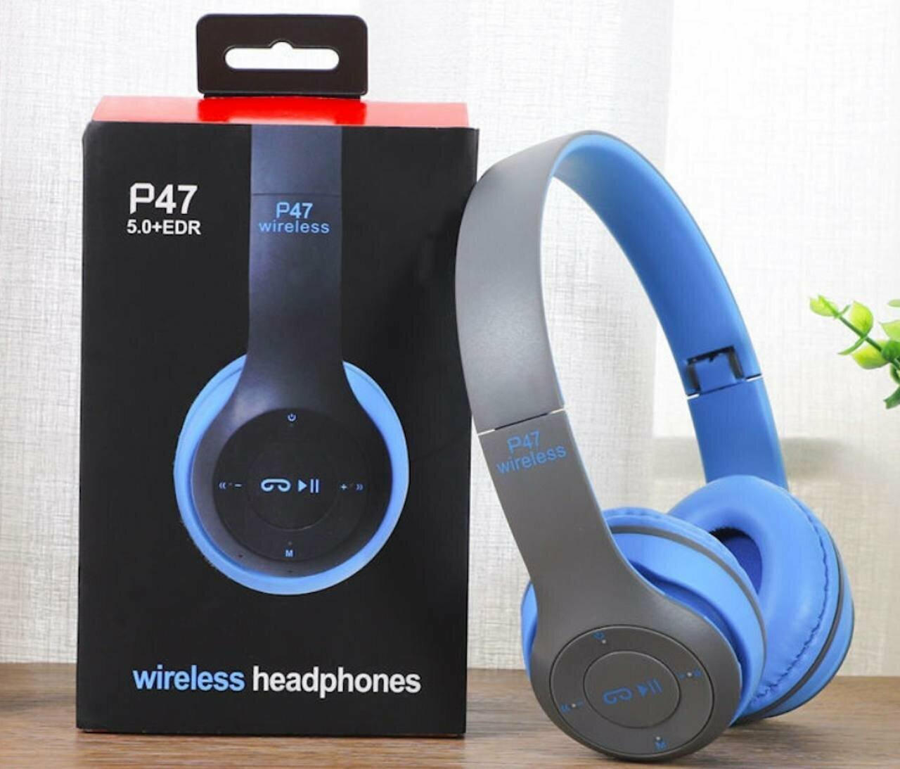 Беспроводные наушники P47 Bluetooth 5.0 EDR Wireless с микрофоном, FM-радио, с поддержкой SD-карты памяти (Mp3-плеер) синий