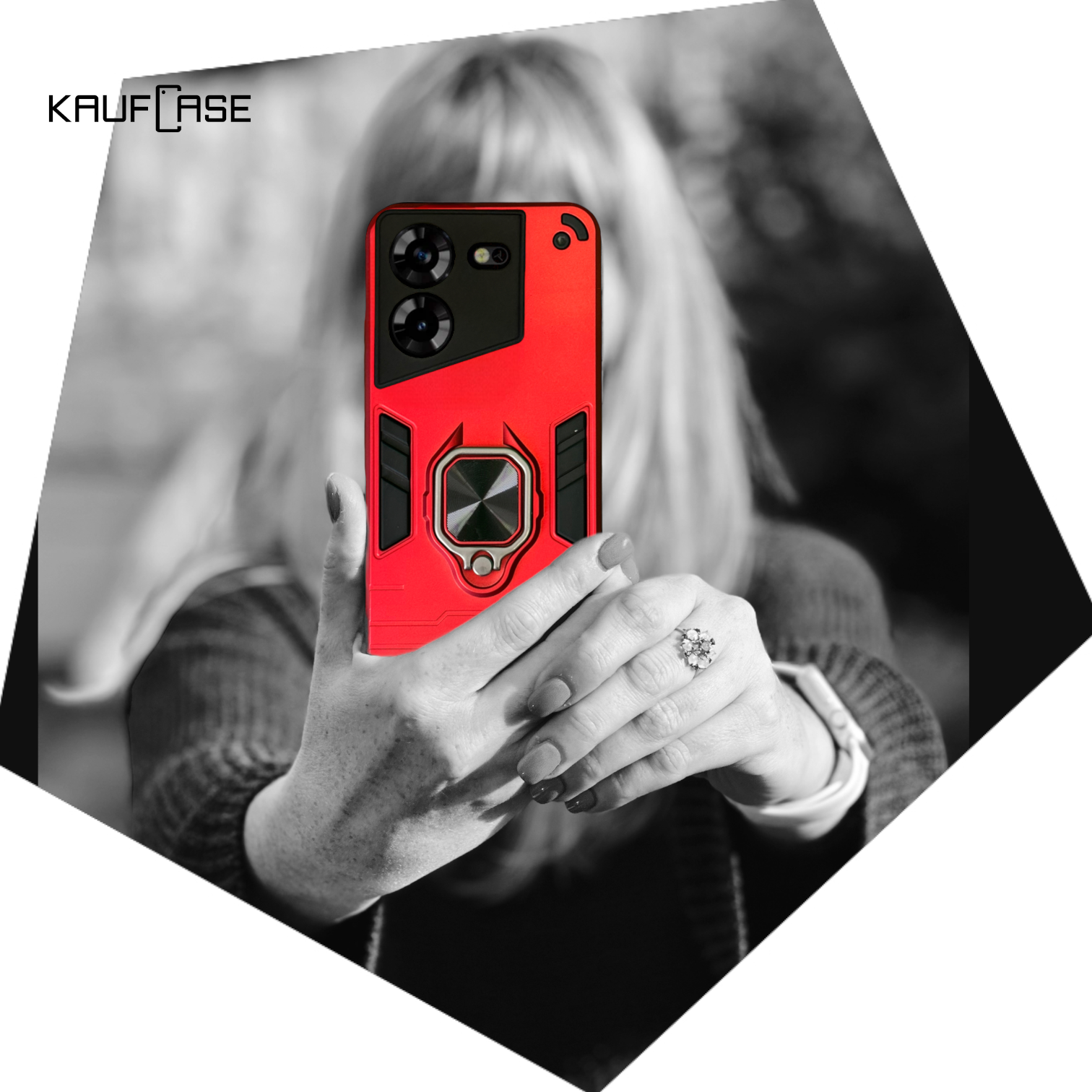 Противоударный чехол на Tecno Pova 5 Pro (LH8n) (6.78"), красный. Кольцо-держатель и магнитное крепление, яркие пластиковые защитные вставки