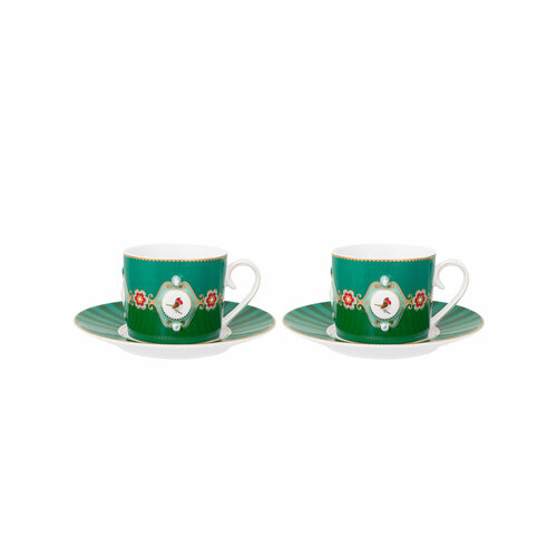 Набор из 2-х чашек с блюдцами Love Birds Medallion Emerald-Green, 200 мл, Pip Studio