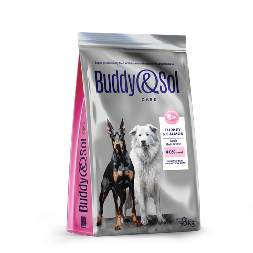 Корм для собак средних и крупных пород Buddy&Sol 3 кг сухой суперпремиум-класса для здоровой кожи и шерсти с индейкой и лососем