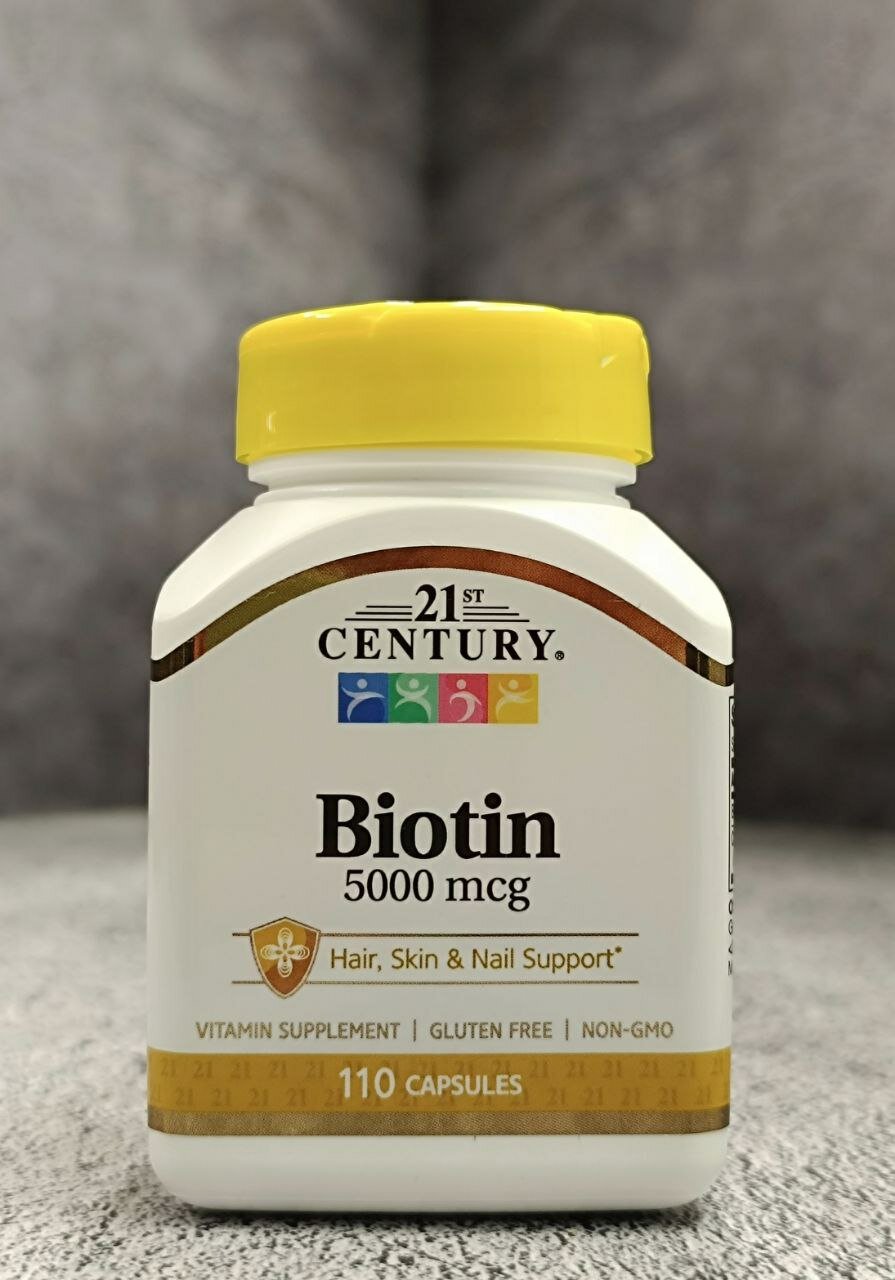 Биотин 21st Century Biotin 5000 мкг, 110 капсул для здоровья волос, ногтей и кожи.