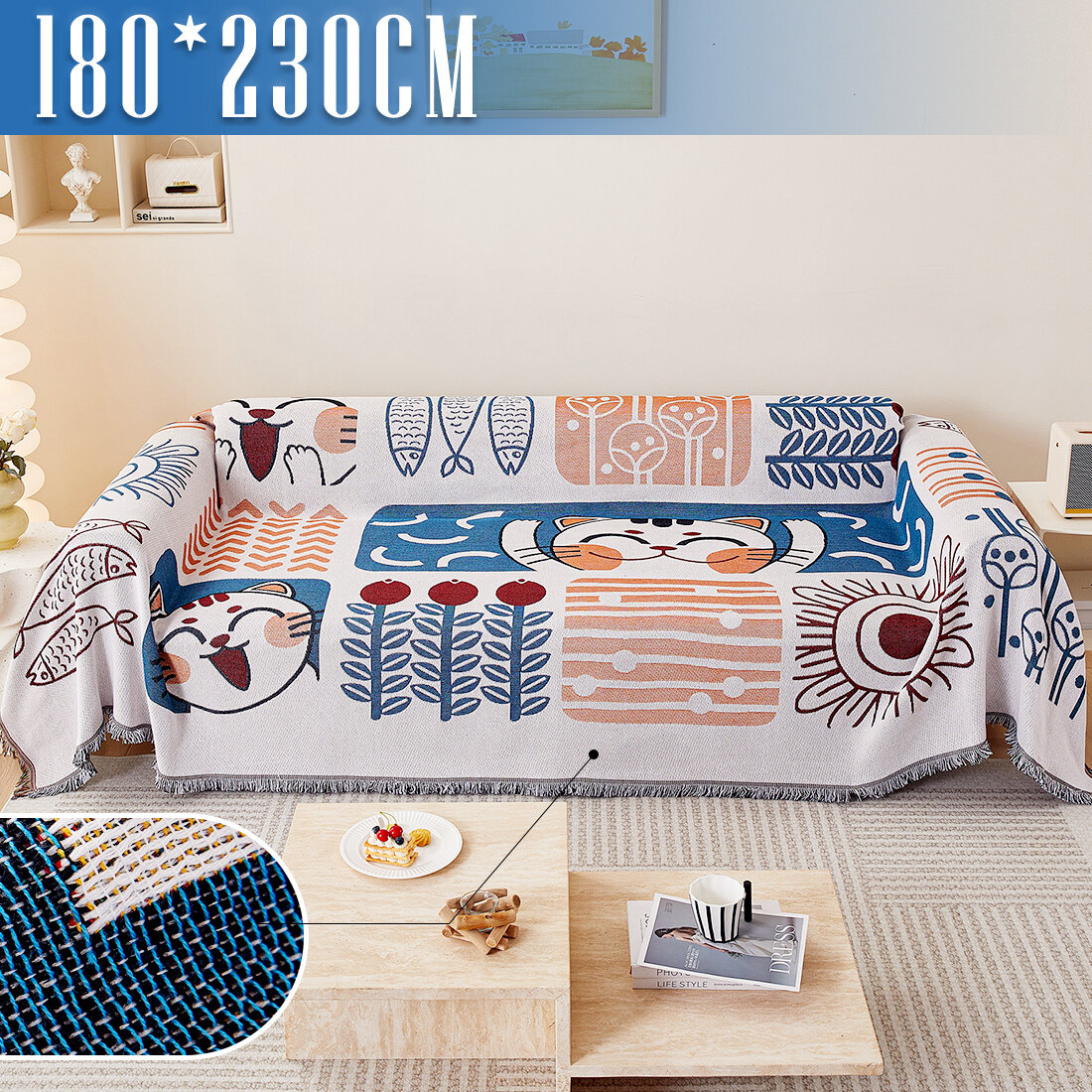 фото Покрывало на диван, плед для пикника, пляжное покрывало, плед хлопковый / полиэстер, современное покрывало для дивана в стиле INS с котята, размер 90X180
