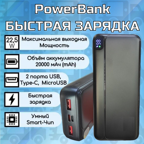 Внешний аккумулятор power bank 10000 mAh быстрая зарядка QC 3.0 22, 5W usb-с type c