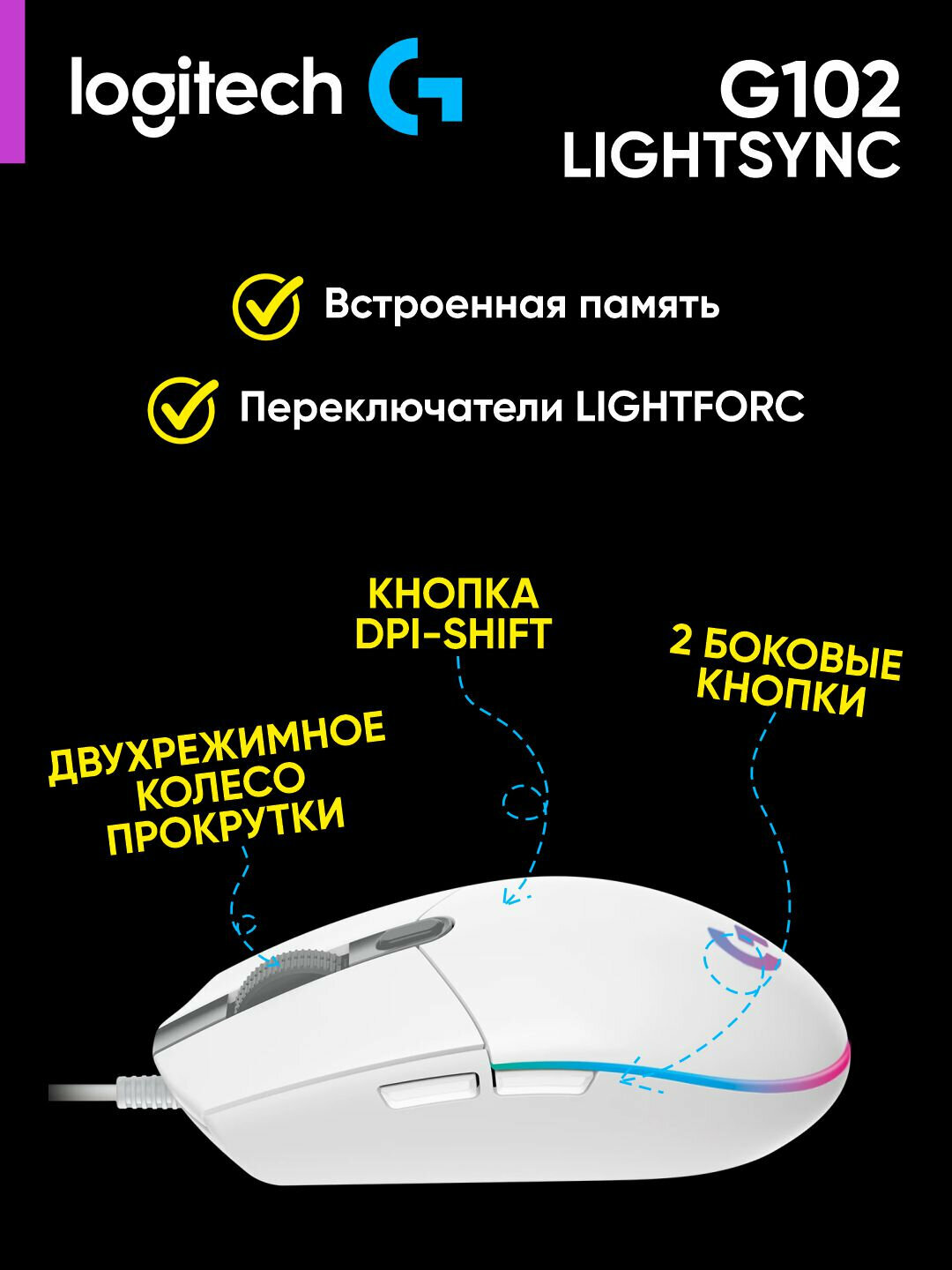 Проводная игровая мышь Logitech G102 LIGHTSYNC, RGB, 8400 DPI, 6 кнопок, ПО Logitech G HUB, L910-005824 — фото 1