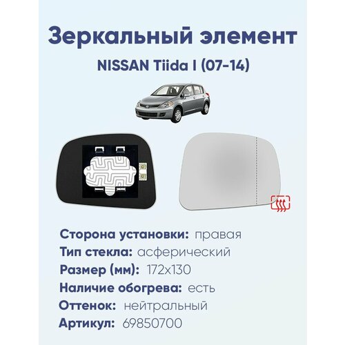 Зеркальный элемент правый NISSAN Tiida I (07-14) асферика нейтральный с обогревом