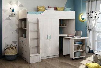 Кровать-чердак Астрид-мебель "Каприз-8", с выкатным столом, шкафом и комодом (сп. место: 80х200)