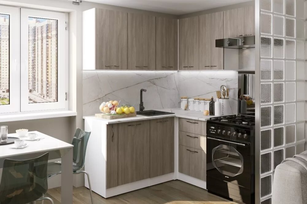 Кухонный гарнитур Герда Фьюджи мега прайм 1600х1700 мм, каркас ЛДСП, фасад ЛДСП, Белый/Джарра/Джарра