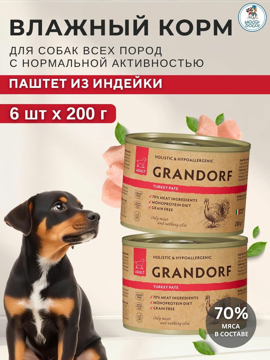 GRANDORF Влажный корм для собак всех пород паштет из индейки - 6 шт*200 гр