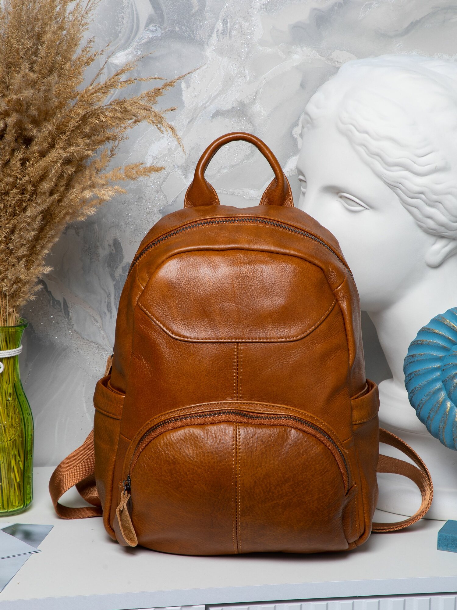 Городской кожаный рюкзак мужской, рюкзак женский чёрный