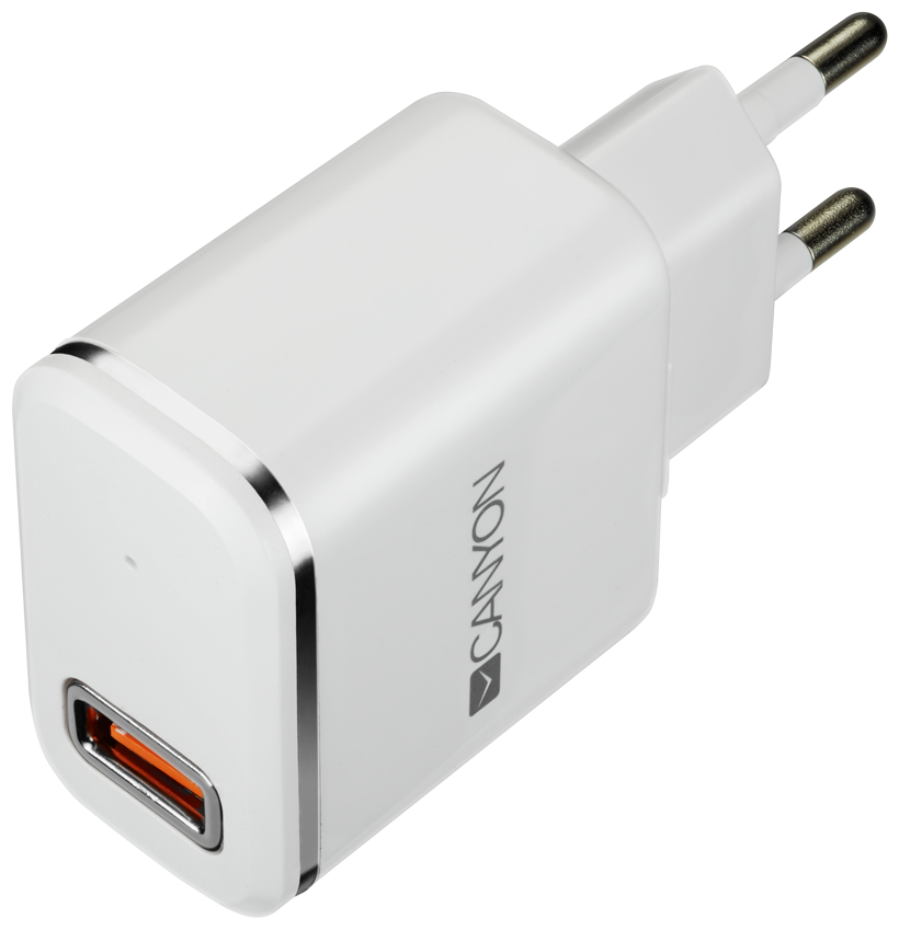 Сетевое зарядное устройство Canyon H-043, Lightning кабель, USB-A, 5В-2100мA, Smart IC, белый с оранжевой полосой