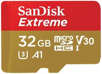 Карта памяти SanDisk Extreme microSDHC Class 10 UHS Class 3 V30 A1 100MB/s 32 GB, чтение: 100 MB/s, адаптер на SD