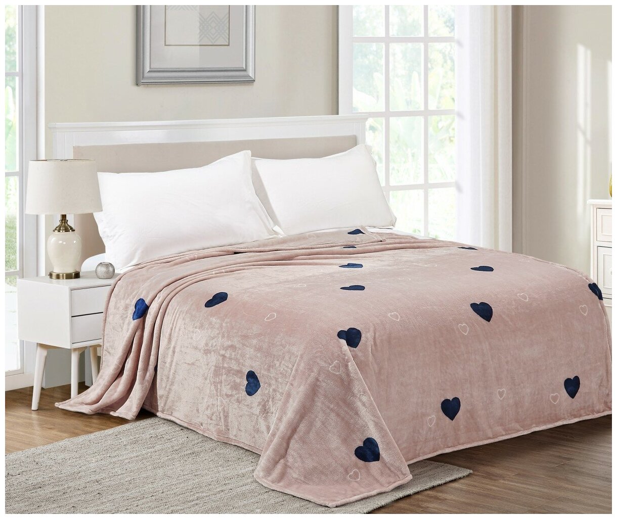 Плед двуспальный евро 200х220 розовый с сердечками, покрывало на кровать и диван Cleo California, пушистый с рисунком, флисовый, велсофт