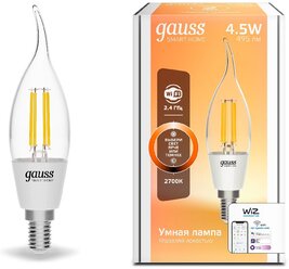 Умная Wi-Fi лампочка Gauss Smart Home Filament СF35 4,5W Е14 управление голосом/смартфоном, диммируемая