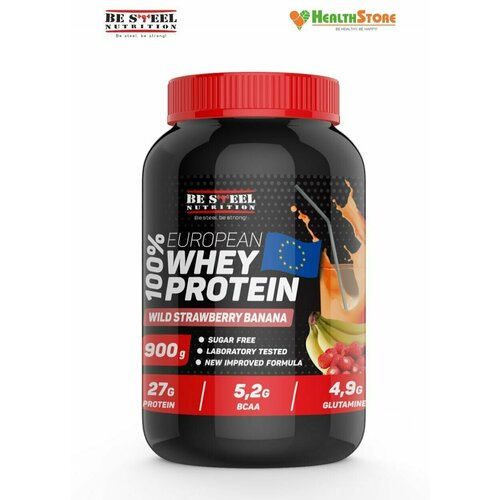 Напиток растворимый ВЭЙ про Be Steel Nutrition 100% European Whey Protein 0,9кг (земляника-банан)