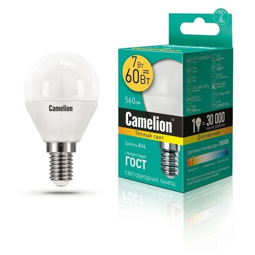 фото Лампа светодиодная camelion 12069, e14, g45, 7вт, 3000 к