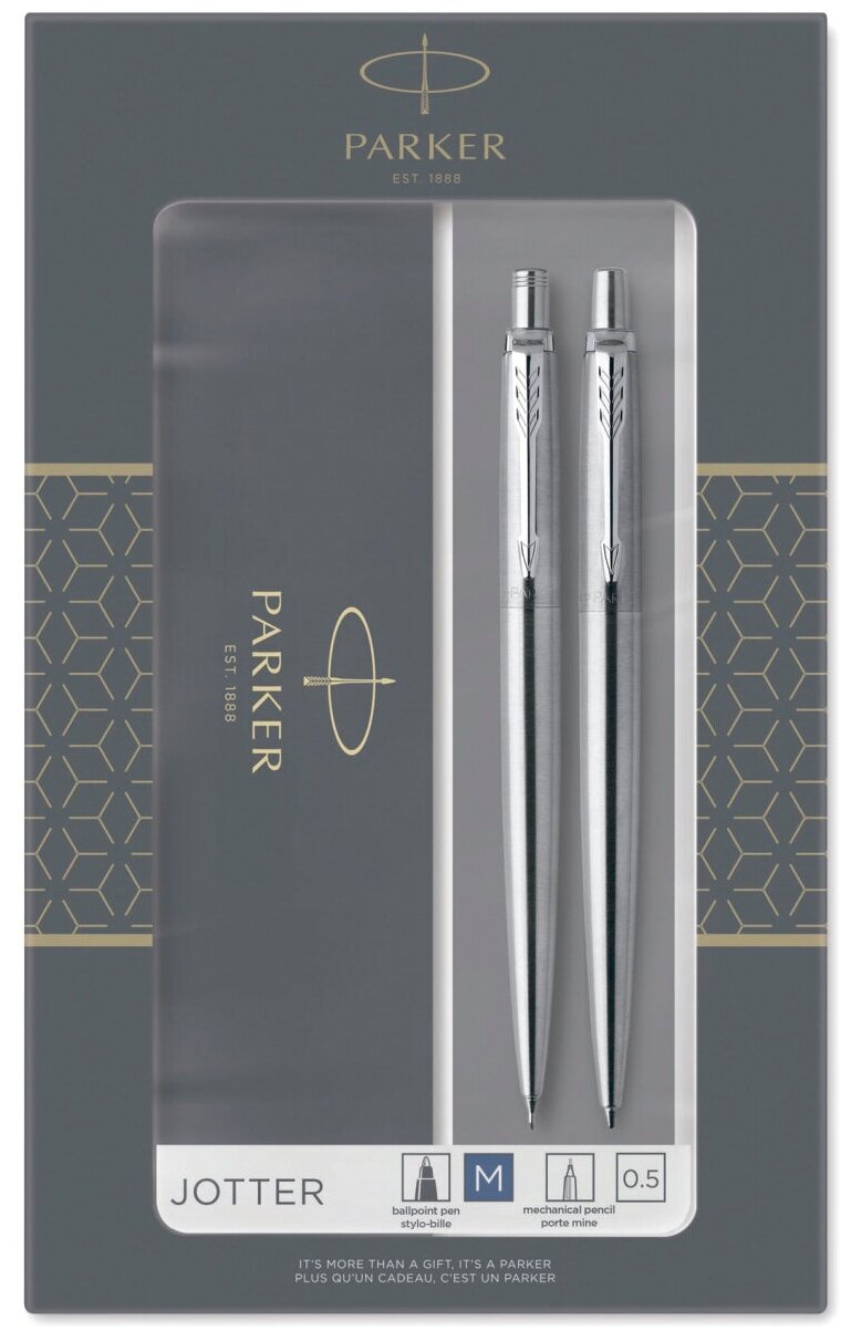 Набор PARKER "Jotter Stainless Steel CT": шариковая ручка синяя и механический карандаш, 2093256 S143359