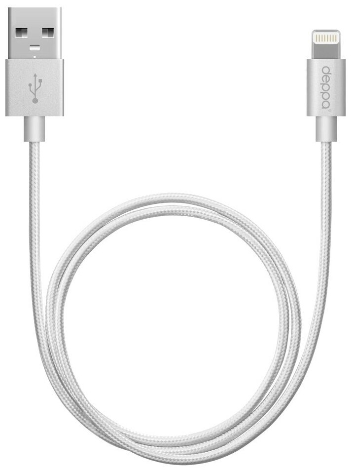 Дата-кабель USB - 8-pin для Apple, алюминий/нейлон, MFI, 1.2м, серебро, Deppa(72187)