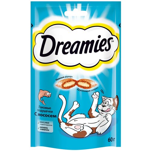 Лакомство для кошек Dreamies Подушечки, 60 г лосось лакомство для собак wanpy лакомые кусочки из нежного лосося в форме рыбок 100 г