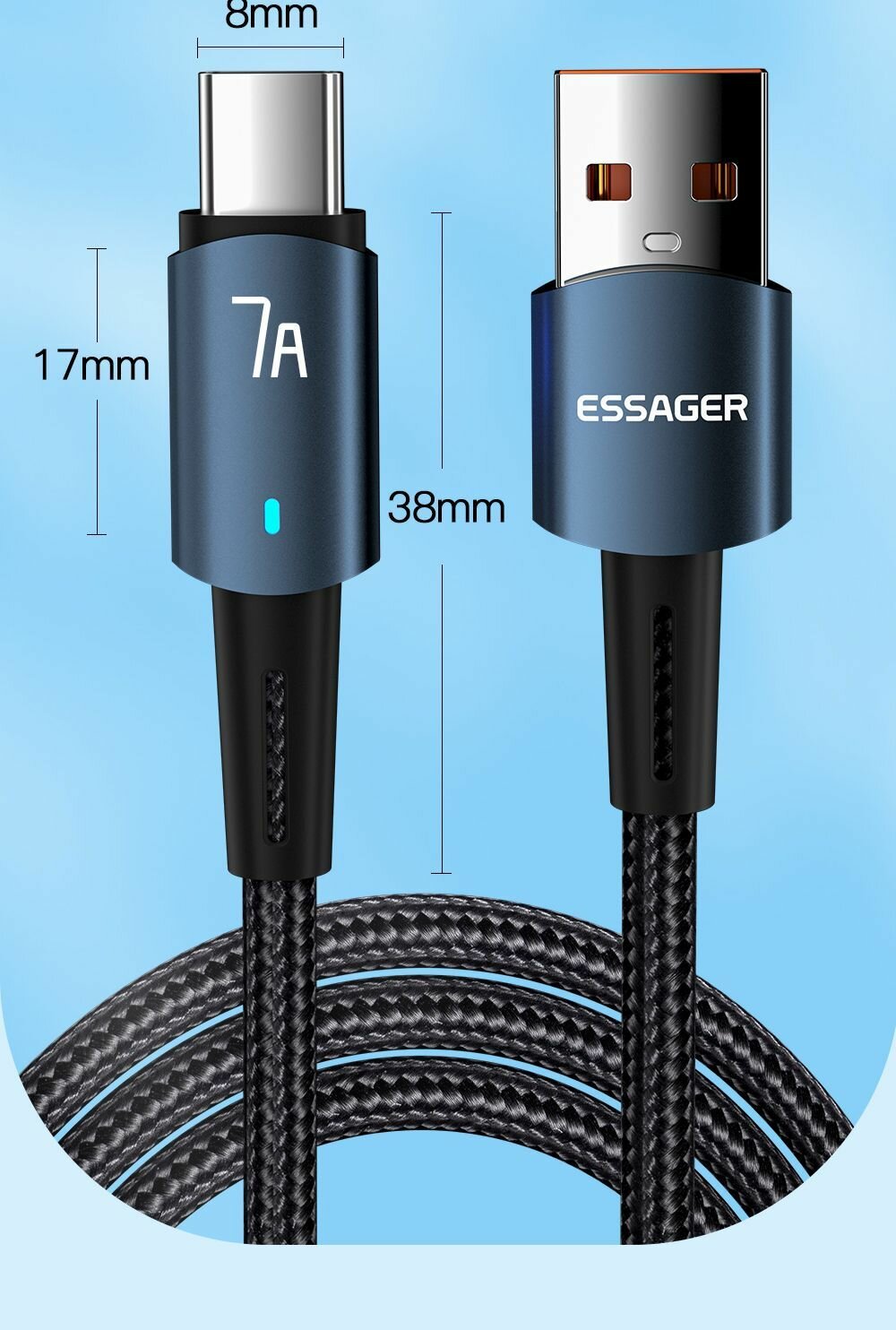 Кабель Essager USB - Type-C 60W 7 Aмпер 1 метр индикатор быстрая зарядка для Huawei Xiaomi Samsung