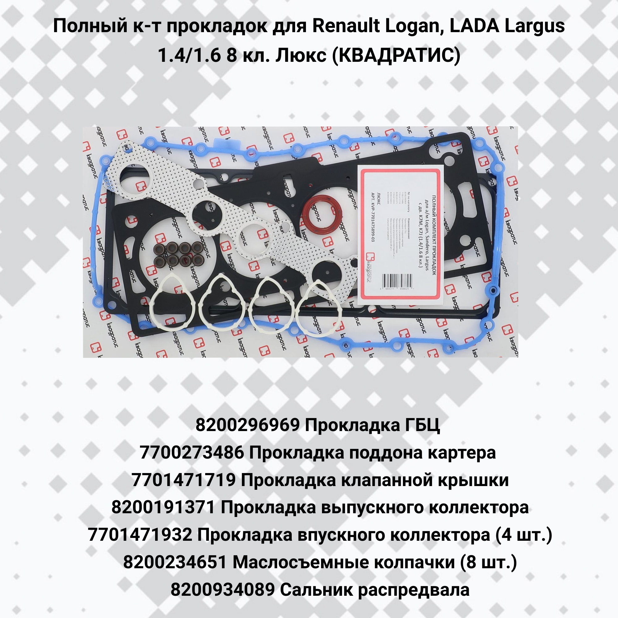 Полный к-т прокладок для Renault Logan, LADA Largus 1.4/1.6 8 кл. Люкс (квадратис)