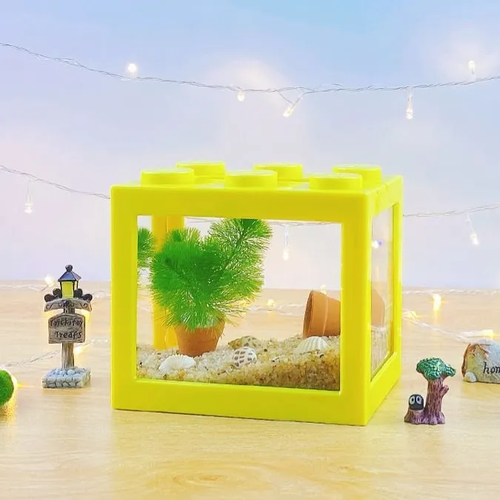 Декоративный мини аквариум для рыбок конструктор плешоп, желтый, 12х10х8,5 см