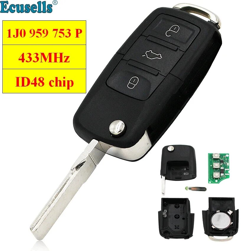 3 кнопки, полный дистанционный ключ 433 МГц с чипом ID48 для SKODA Octavia/Superb/Fabia 2001-2004 1J0 959 753 P 1J 0959753 П