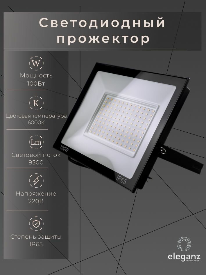Прожектор светодиодный уличный "Eleganz 100Вт" от сети 220В, IP65, алюминий, 9500Лм, 6000К, 1 шт.