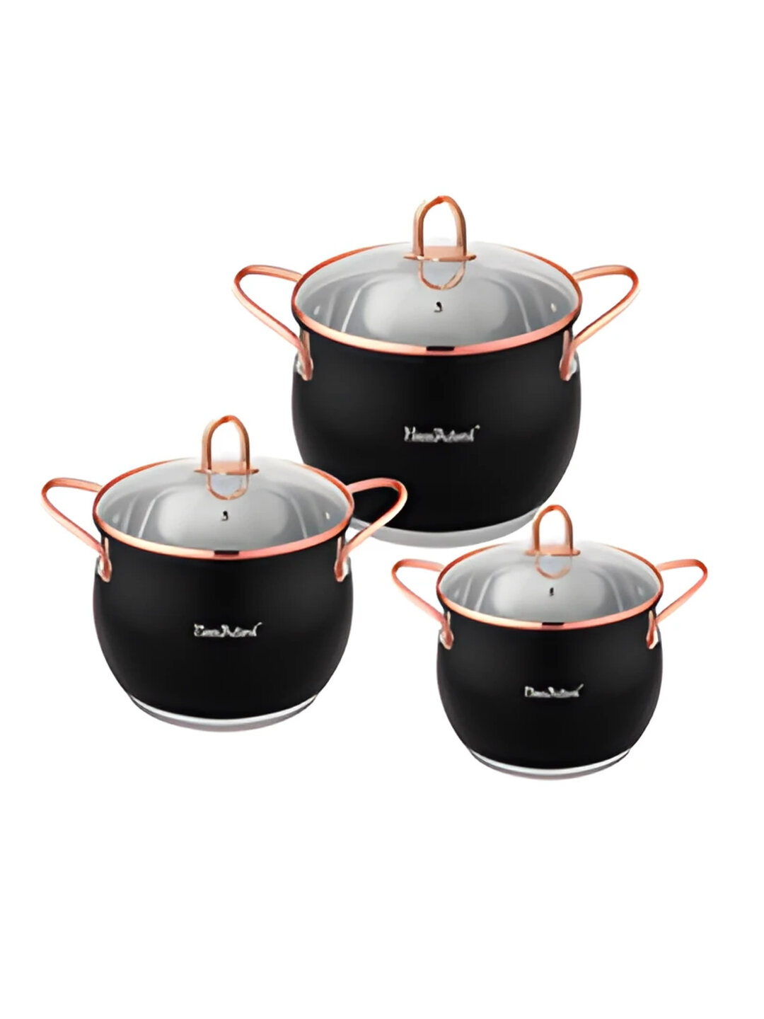 HausRoland набор металлических кастрюль, 3 предмета, с крышками из стекла, чёрный цвет - Золотистый хаки