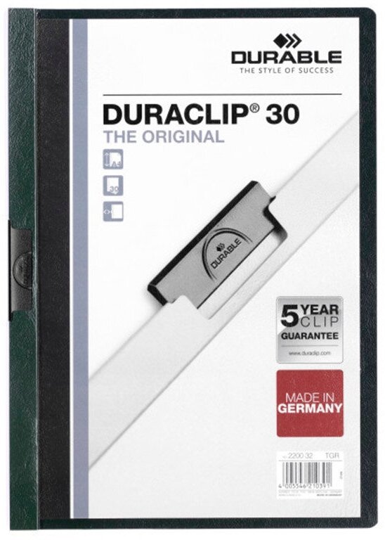 DURABLE Папка-скоросшиватель с клипом Duraclip А4, 30 листов, 2200/32, темно-зеленый