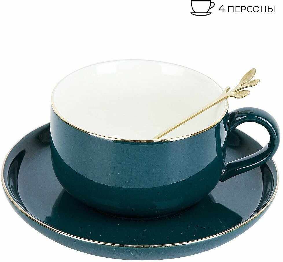 Чайный набор на 4 персоны 12 предметов Nouvelle "Royal line. Emerald" чашки 350мл, блюдца, ложки, фарфор