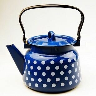 фото Чайник эмалированный 2,3л белый горох Кобальтовый с петлей, Новокузнецк.