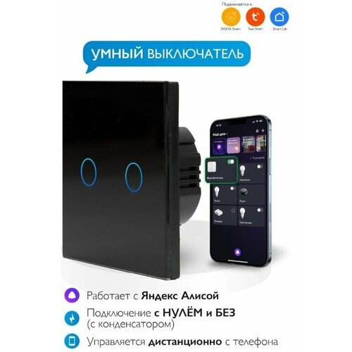 Умный сенсорный WiFi выключатель, умный дом, работает с Яндекс Алисой, голосовое управление, черный, двухклавишный