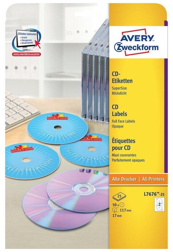 Этикетки самоклеящиеся для CD/DVD, д/17, 50 шт, Avery Zweckform, L7676-25