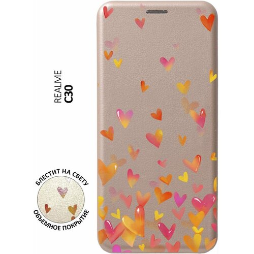 Чехол-книжка на realme C30, Рилми С30 с 3D принтом Flying Hearts золотой матовый soft touch силиконовый чехол на realme c30 рилми с30 с 3d принтом flying hearts черный