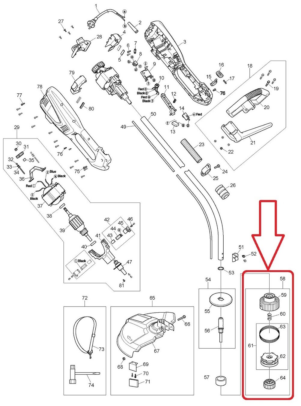 Триммерная головка полуавтоматическая для триммера Makita UR3500 и UR3501 М10х125LH диаметр лески 2мм (YA00000474