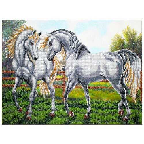 фото Набор пара белых лошадей 38х28 паутинка б-1474