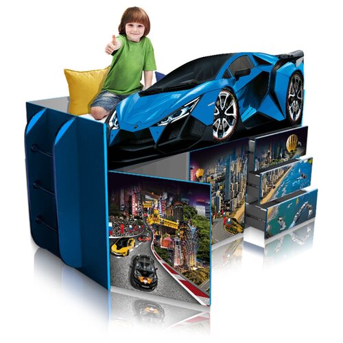 Кровать чердак детская кровать машина для девочки «Спорт 4.0» Розовая - 200/85/130см