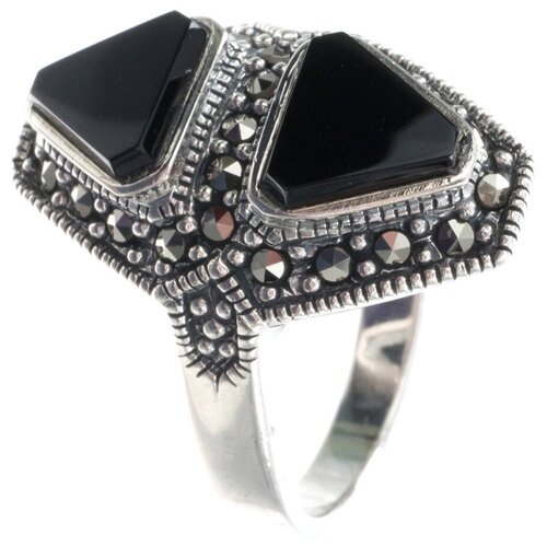 фото Марказит кольцо с марказитами и ониксами из серебра hr114, размер 18.5