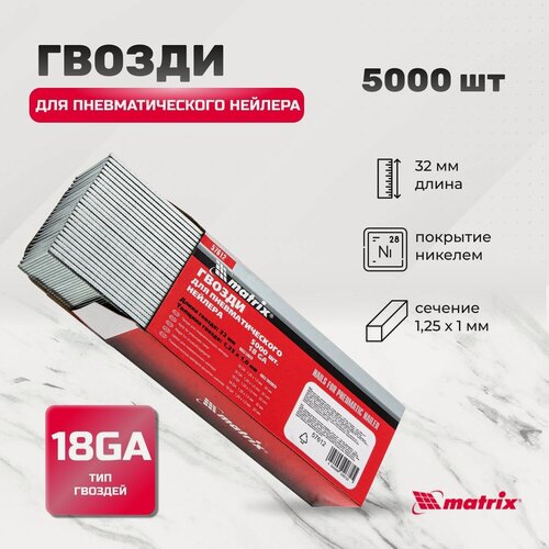Изображение товара Гвозди 18GA для пневматического нейлера, длина 32 мм, ширина 1.25 мм, толщина 1 мм, 5000 шт Matrix