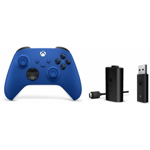 Геймпад Microsoft беспроводной Series S / X / Xbox One S / X Shock Blue синий + Аккумулятор + Беспроводной адаптер - ресивер для ПК беспроводной адаптер для беспроводного геймпада xbox one xbox series wireless adapter для компьютера рс ноутбука windows 10 11 oem wi fi